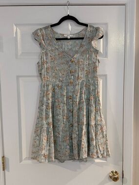 Floral Flutter Sleeve Tiered Dress in Light Blue